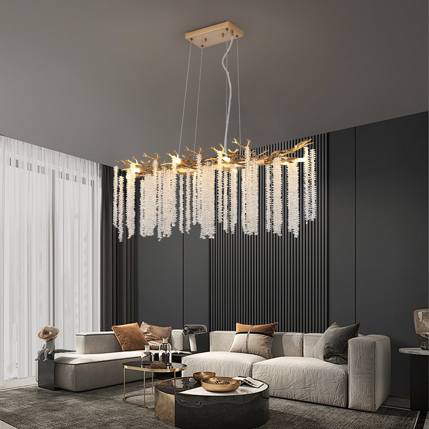 39-inch Modern Golden Pendant Light With Cascading Crystal Strands, Ideal For Living Room, Dining Room And Foyer, High-End Decorative Lighting Fixture Bulb Not Included